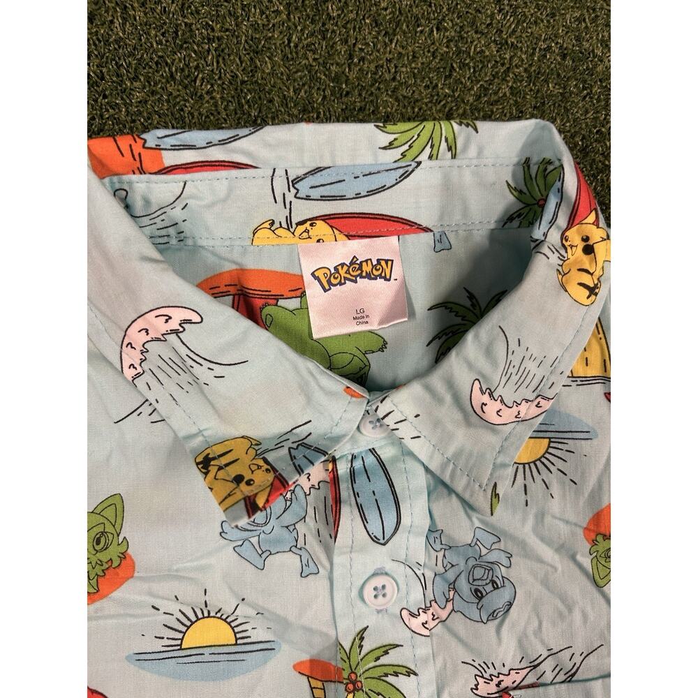 Pokémon Island Button Up Shirt Boys Large Hawaiian Aloha Tiki All Over Print - Picture 2 of 3